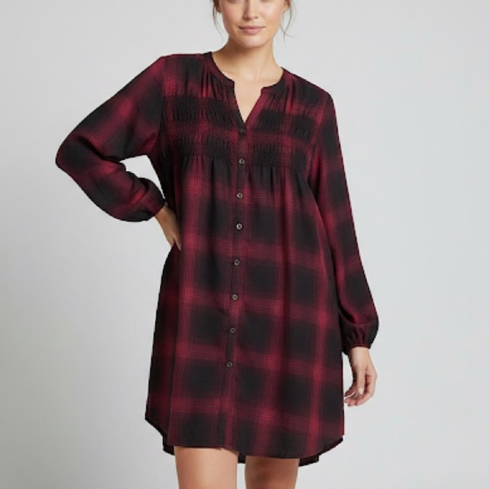 Knox Rose XL Plaid Shirt  Dress Boho Smocked Red Black Long Sleeve Flowy